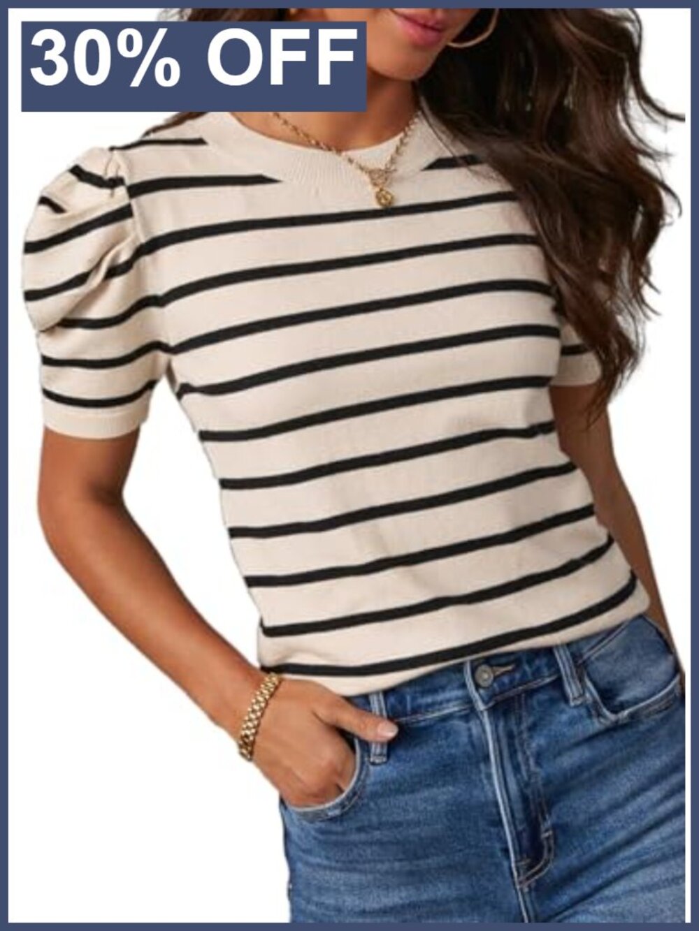 Women's Short Puff Sleeve Striped Lightweight Knit Tunic Top Crew Neck